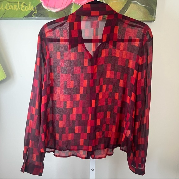 Jones Of New York Red Plaid Checkered Silk Blouse Size 14 - Picture 10 of 12